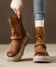 Handmade Khaki Cowhide Leather Splicing Platform Boots