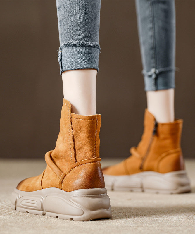 Handmade Khaki Cowhide Leather Splicing Platform Boots