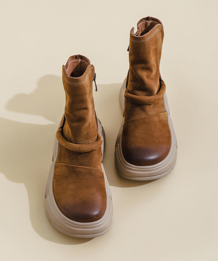 Handmade Khaki Cowhide Leather Splicing Platform Boots