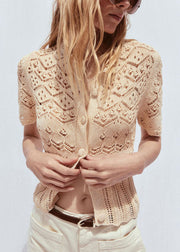 Handmade Khaki Hollow Out Button Knit T Shirts Summer