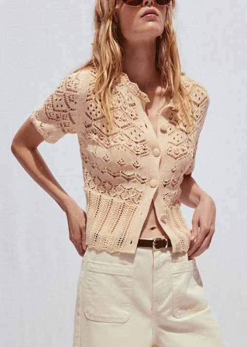 Handmade Khaki Hollow Out Button Knit T Shirts Summer