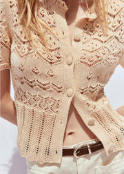 Handmade Khaki Hollow Out Button Knit T Shirts Summer