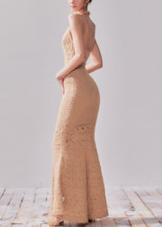 Handmade Khaki Hollow Out Cotton Knit Cardigans And Long Fishtail Dress Two Pieces Set Fall