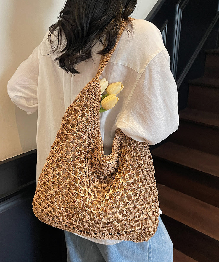 Handmade Khaki Hollow Out Straw Woven Holiday Shoulder Bags