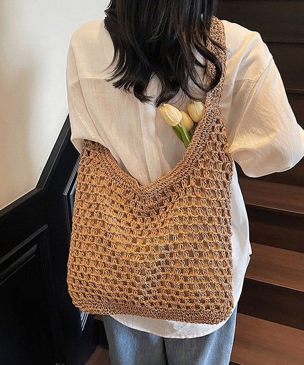 Handmade Khaki Hollow Out Straw Woven Holiday Shoulder Bags