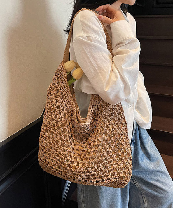 Handmade Khaki Hollow Out Straw Woven Holiday Shoulder Bags