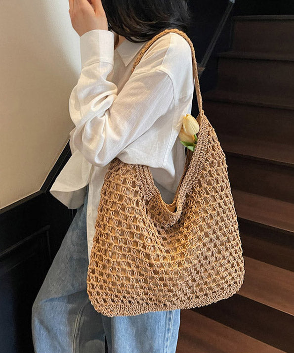 Handmade Khaki Hollow Out Straw Woven Holiday Shoulder Bags