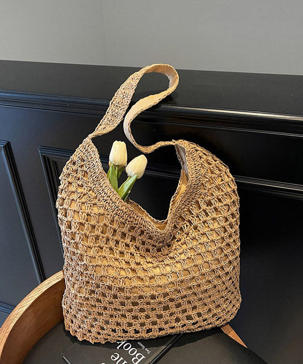 Handmade Khaki Hollow Out Straw Woven Holiday Shoulder Bags