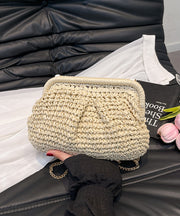 Handmade Khaki Straw Woven Chain Linked Flap Bag