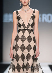 Handmade Khaki V Neck Plaid Chiffon Sundress Summer