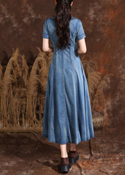 Handmade Light Blue O-Neck Asymmetrical Embroidered Button Maxi Denim Dresses Summer