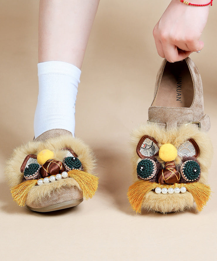 Handmade Light Brown Flat Shoes Suede Embroidered