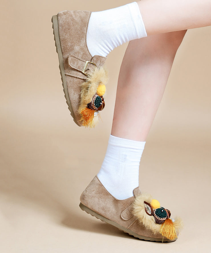 Handmade Light Brown Flat Shoes Suede Embroidered