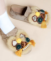 Handmade Light Brown Flat Shoes Suede Embroidered