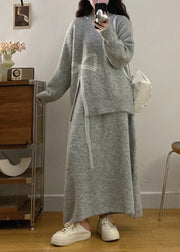 Handmade Light Grey Bow Side Open Knit Two Piece Set Women Clothing Winter