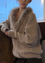 Handmade Light Grey Fur Collar Grey Cotton Knit Sweaters Batwing Sleeve