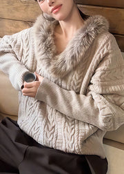 Handmade Light Grey Fur Collar Grey Cotton Knit Sweaters Batwing Sleeve