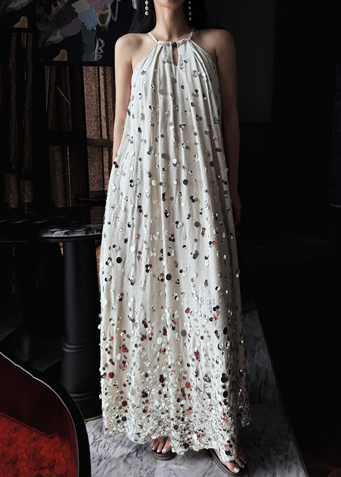Handmade Light Grey Sequins Pockets Lace Up Linen Long Dress Sleeveless