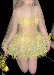Handmade Light Yellow Strapless High Waist Tulle Mid Dress Sleeveless
