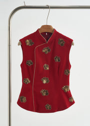Handmade Mulberry Mandarin Collar Sequins Flower Cotton Vests Fall