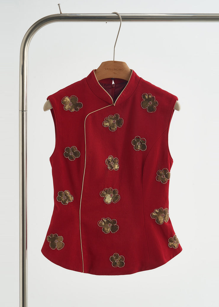 Handmade Mulberry Mandarin Collar Sequins Flower Cotton Vests Fall