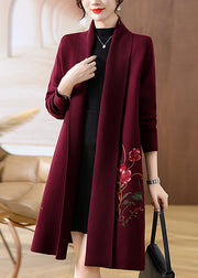 Handmade Mulberry V Neck Print Woolen Long Coat Fall