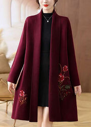 Handmade Mulberry V Neck Print Woolen Long Coat Fall