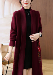 Handmade Mulberry V Neck Print Woolen Long Coat Fall