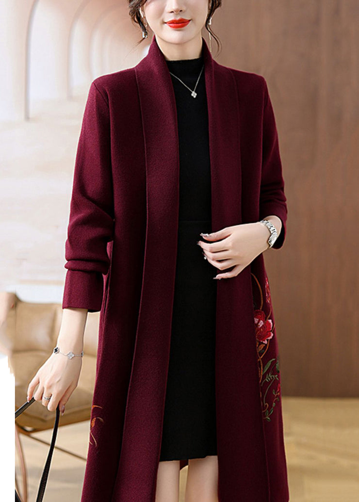 Handmade Mulberry V Neck Print Woolen Long Coat Fall