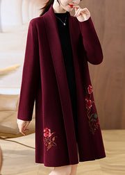 Handmade Mulberry V Neck Print Woolen Long Coat Fall