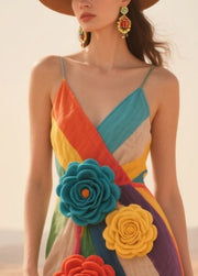 Handmade Multicolor Striped Knitted Flower Cotton Beach Dress Summer