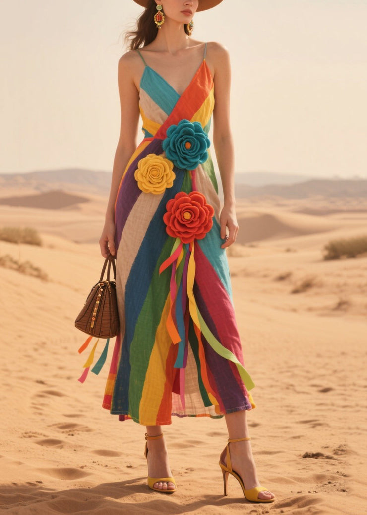 Handmade Multicolor Striped Knitted Flower Cotton Beach Dress Summer