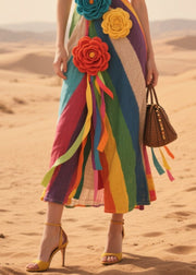 Handmade Multicolor Striped Knitted Flower Cotton Beach Dress Summer