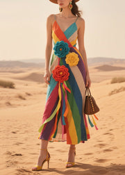 Handmade Multicolor Striped Knitted Flower Cotton Beach Dress Summer