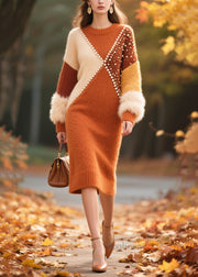 Handmade Nail Bead Patchwork Faux Fur Knit Sweater Dress Winter