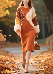 Handmade Nail Bead Patchwork Faux Fur Knit Sweater Dress Winter