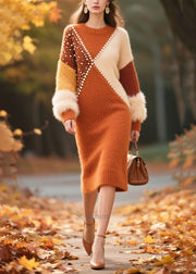 Handmade Nail Bead Patchwork Faux Fur Knit Sweater Dress Winter