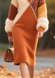Handmade Nail Bead Patchwork Faux Fur Knit Sweater Dress Winter