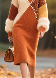 Handmade Nail Bead Patchwork Faux Fur Knit Sweater Dress Winter