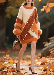 Handmade Nail Bead Patchwork Faux Fur Sweater Dress Winter