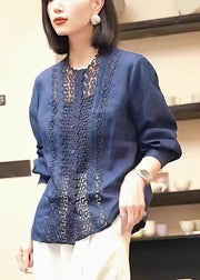 Handmade Navy Hollow Out Patchwork Cotton Top Fall