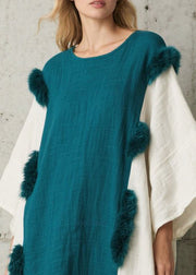 Handmade Navy Oversized Patchwork Faux Fur Long Dresses Fall