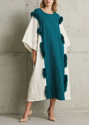 Handmade Navy Oversized Patchwork Faux Fur Long Dresses Fall