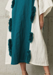 Handmade Navy Oversized Patchwork Faux Fur Long Dresses Fall
