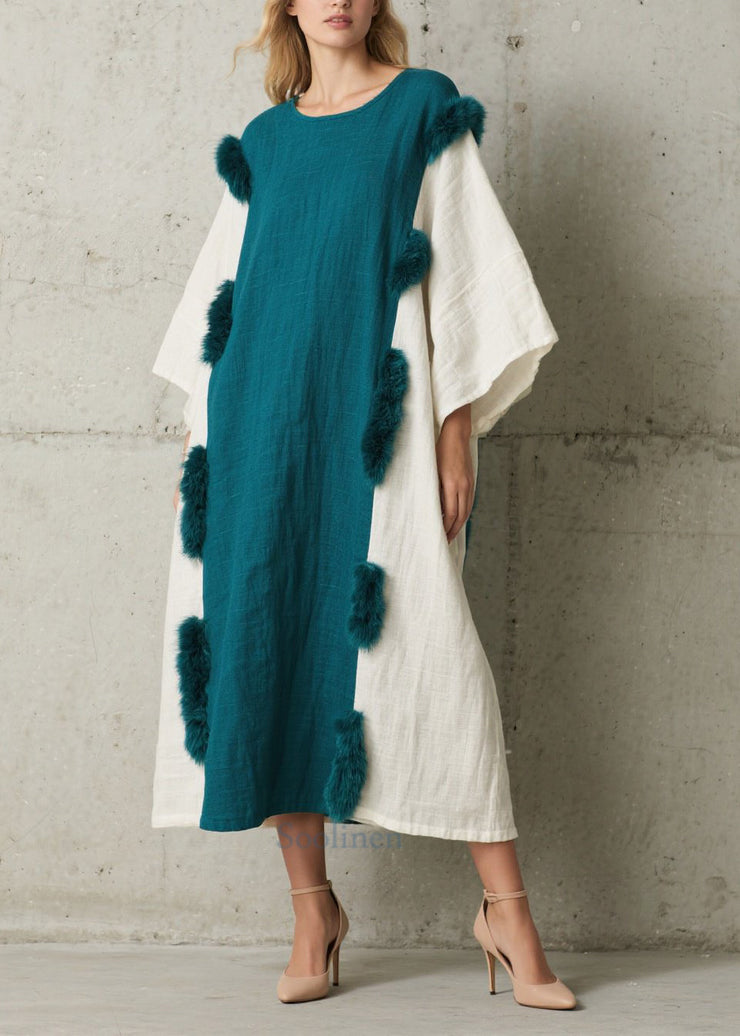Handmade Navy Oversized Patchwork Faux Fur Long Dresses Fall