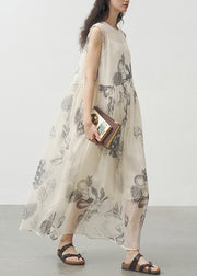Handmade O Neck Print Patchwork Silk Dresses Sleeveless