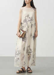 Handmade O Neck Print Patchwork Silk Dresses Sleeveless
