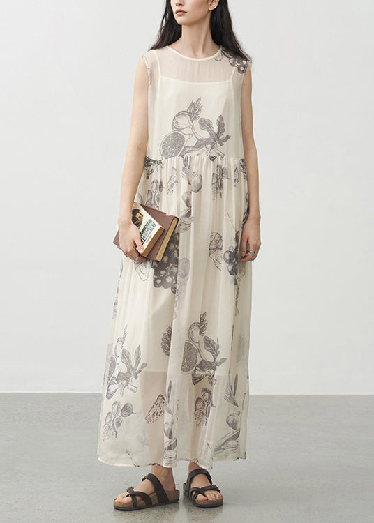 Handmade O Neck Print Patchwork Silk Dresses Sleeveless