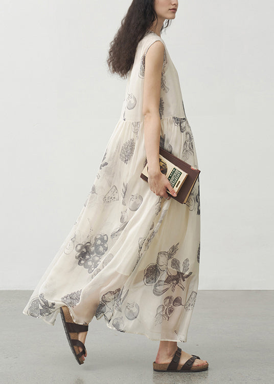 Handmade O Neck Print Patchwork Silk Dresses Sleeveless