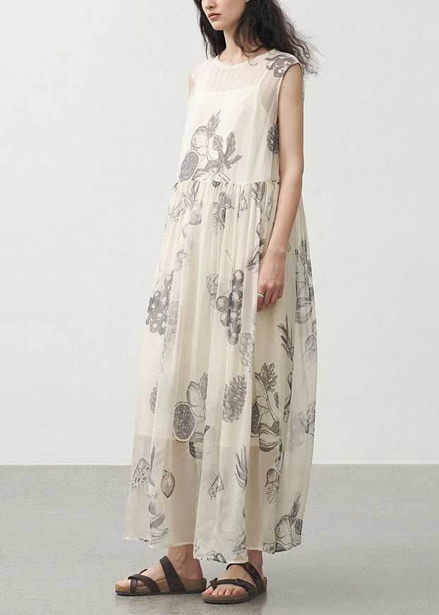 Handmade O Neck Print Patchwork Silk Dresses Sleeveless